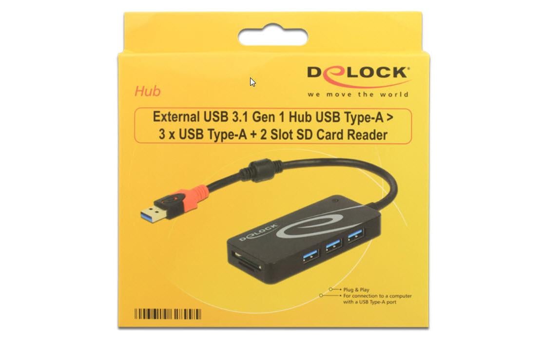 DeLOCK USB-Hub – USB-A, 3× USB-A, SD/microSD, für Windows/Mac/Linux