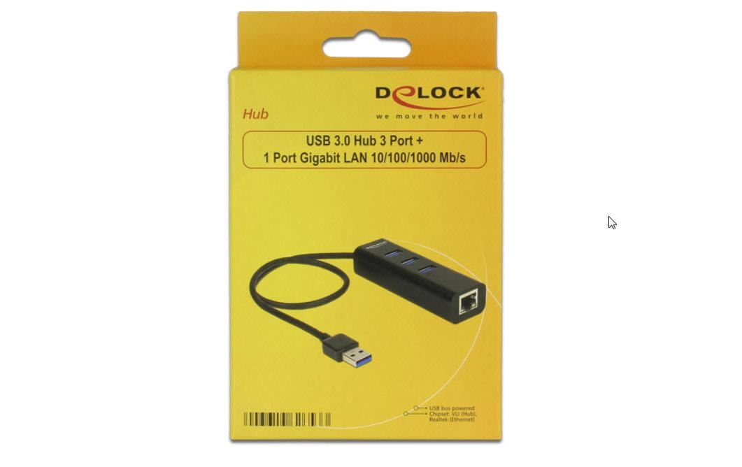 DeLOCK USB-Hub – USB 3.0, 3× USB-A, GbE, für Windows/Mac/Linux