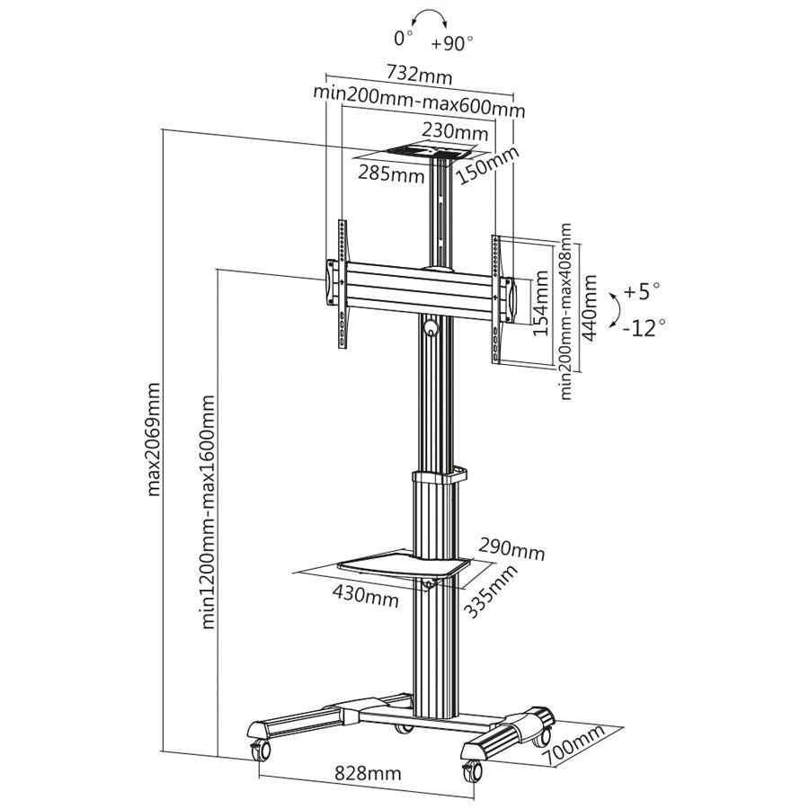 ROLINE TV-Wagen – 37–70" – VESA 200×200–600×400 – bis 50 kg, Höhenverstellbar, mit Rollen – Silber