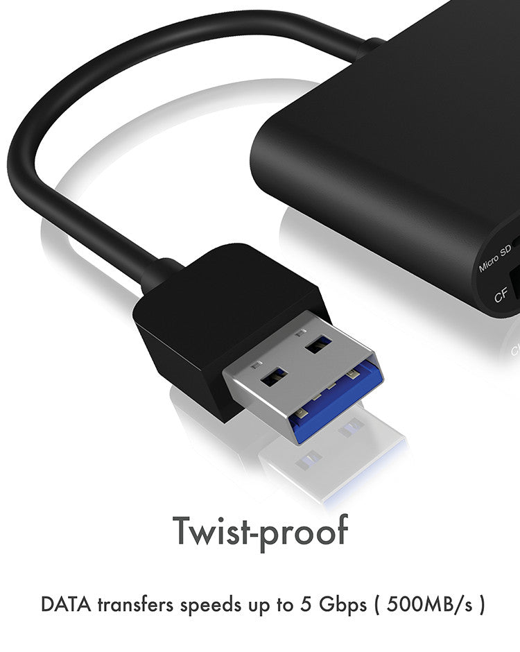 ICY BOX USB-Kartenleser – CF/SD/microSD – USB 3.2 Gen 1 (5 Gbit/s) – Schwarz