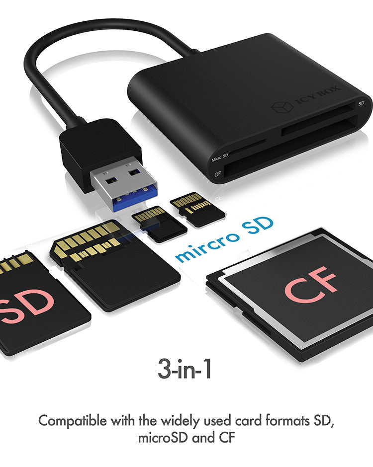 ICY BOX USB-Kartenleser – CF/SD/microSD – USB 3.2 Gen 1 (5 Gbit/s) – Schwarz