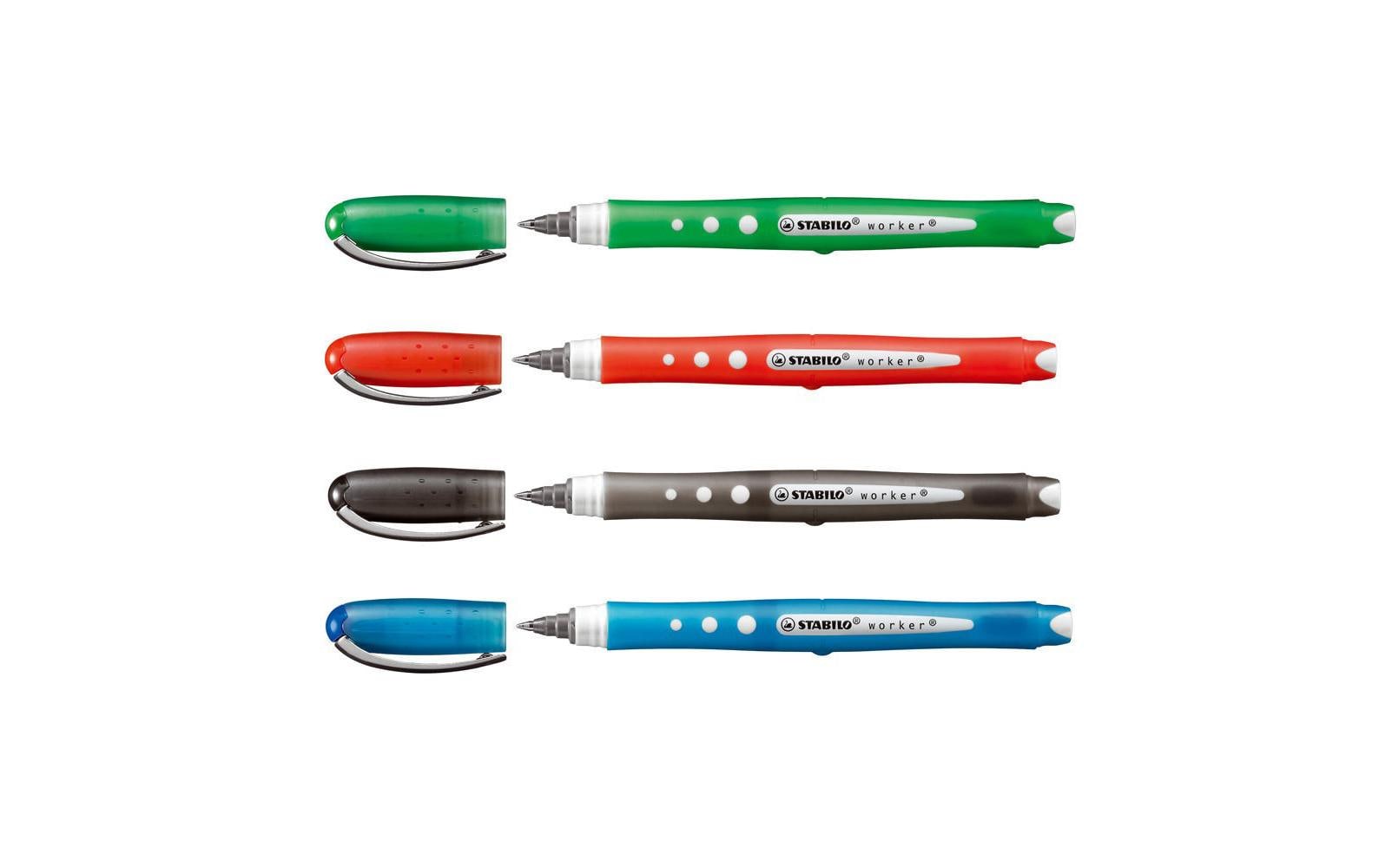 STABILO worker+ colorful – Tintenroller-Set, mit Kappe, 0,5 mm, farbig sortiert, 4er Etui, für Linkshänder