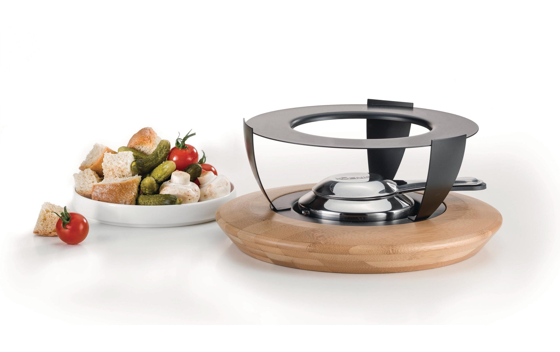 Koenig Fondue-Rechaud Bamboo – mit Pastenbrenner – Edelstahl & Bambus – Silber, Anthrazit – Ø 18,5 × 22 cm
