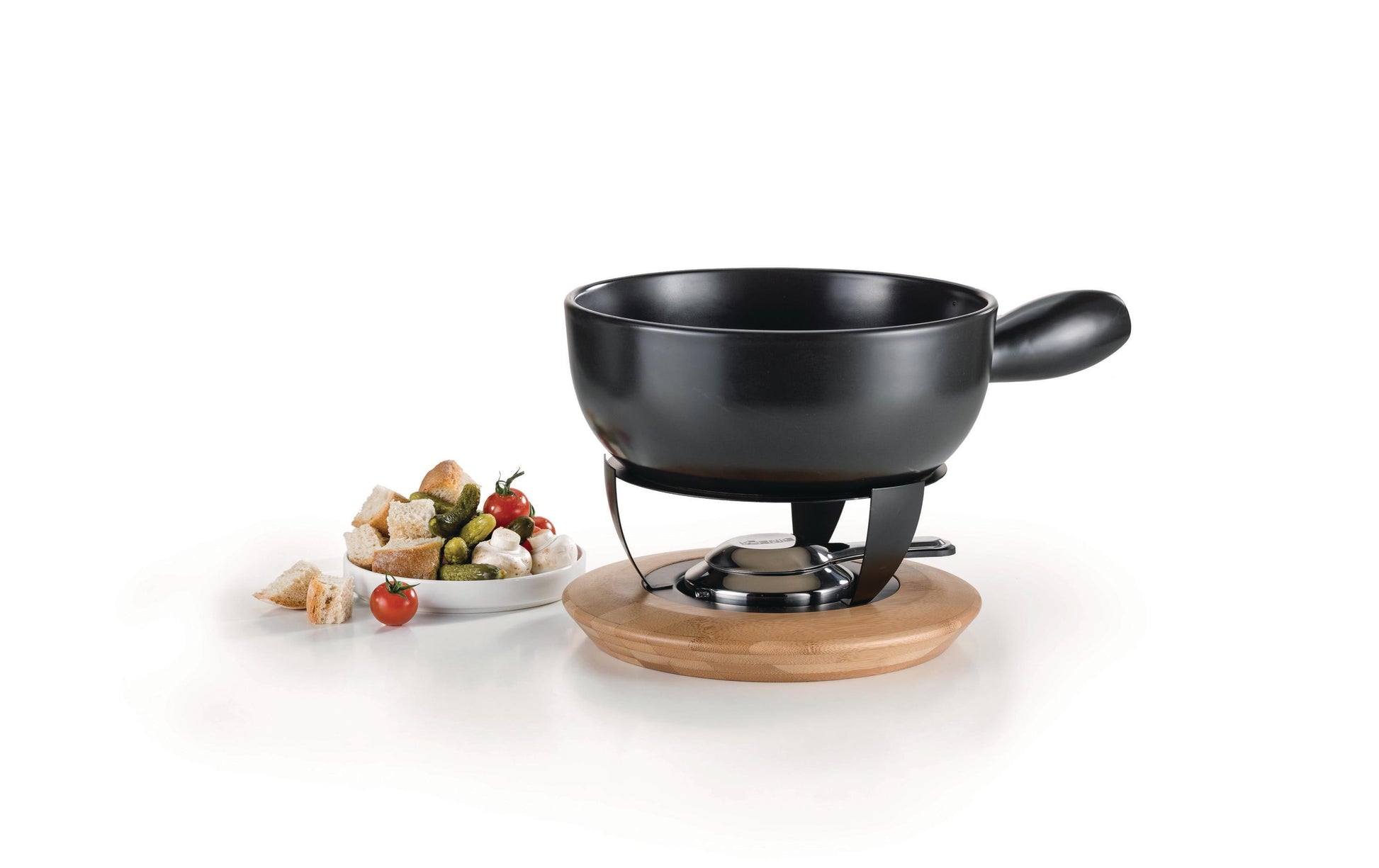 KOENIG Fondue-Set Bamboo – Ø 23 cm, 2,0 l, Edelstahl, für Käsefondue, Gas, Schwarz, 6 Personen, 3 Teile