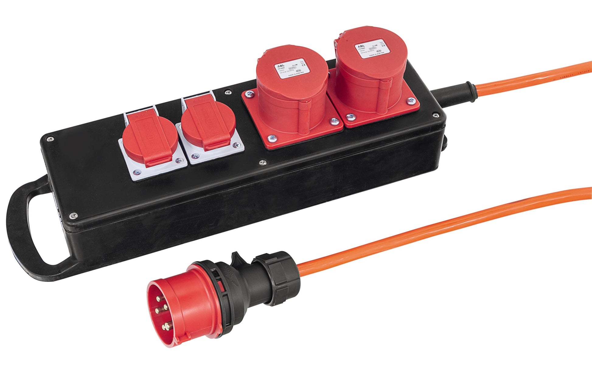Steffen STEBA Gummi Steckdosenleiste, (2×CEE 16-5 + 2×T25), ohne Schalter, 5 m, Klappdeckel – schwarz/rot