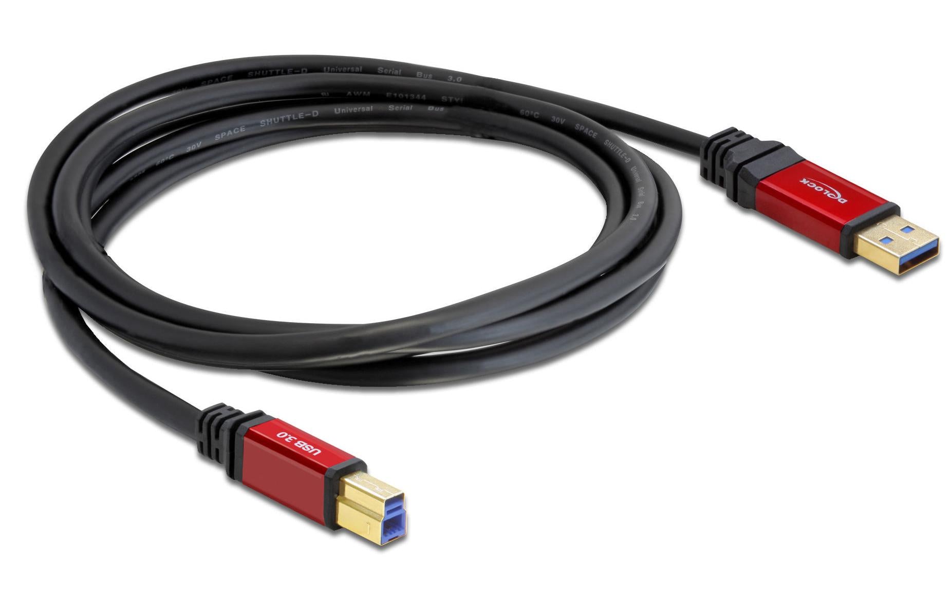 DeLOCK USB-A auf USB-B Kabel – USB 3.2 Gen 1 (5 Gbit/s) – 2 m – Goldstecker – Schwarz