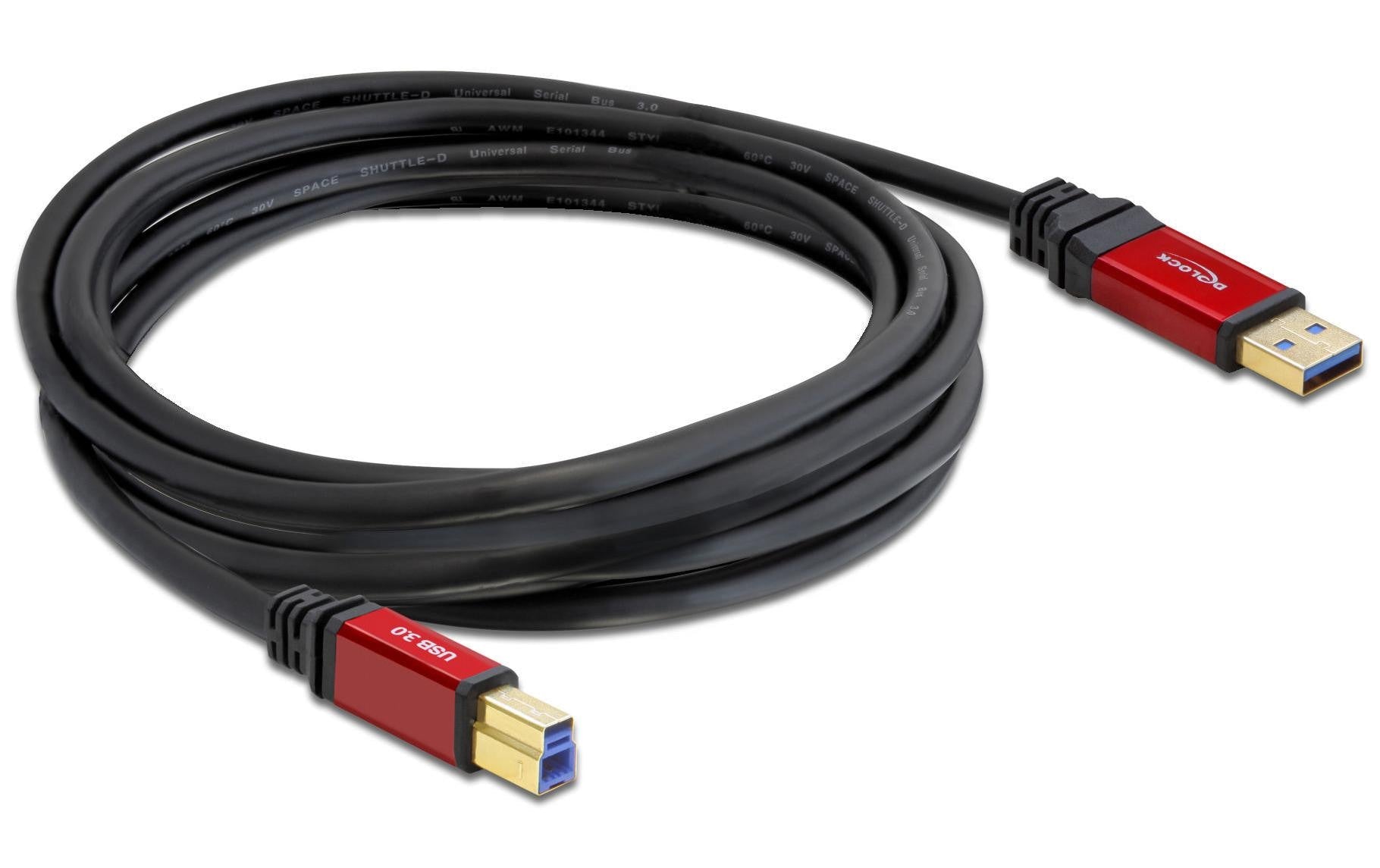 DeLOCK USB-A auf USB-B Kabel – USB 3.2 Gen 1 (5 Gbit/s) – 3 m – Goldstecker – Schwarz