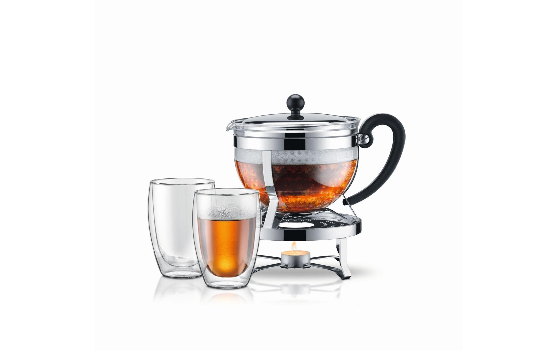 Bodum Teekannenset Chambord – 4-teiliges Set, 1,3 L, Ø 23,1 cm, Borosilikatglas/Edelstahl, spülmaschinenfest