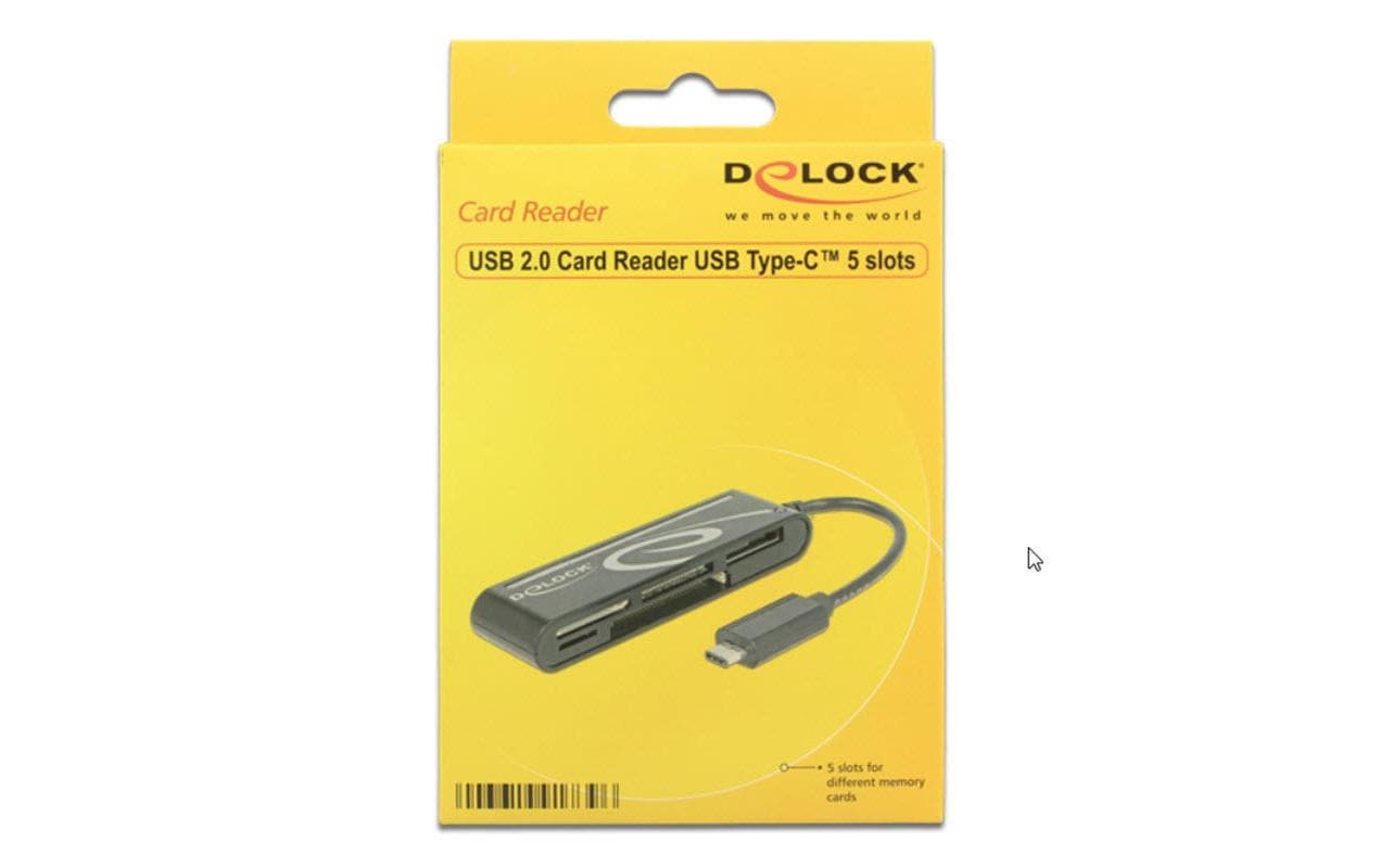 DeLOCK 91739 – Externer USB-C Kartenleser, USB 2.0 480 Mbit/s, für CF/SD/microSD/Memory Stick/MMC/xD, Schwarz