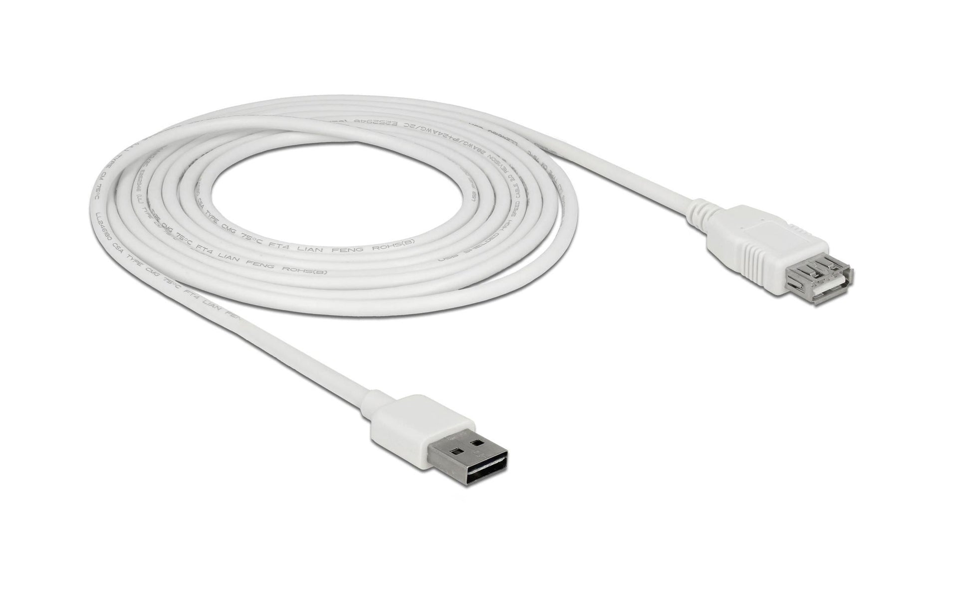DeLOCK USB-A Verlängerungskabel (Stecker auf Buchse) – USB 2.0 (480 Mbit/s) – 3 m – Goldkontakte – Weiss