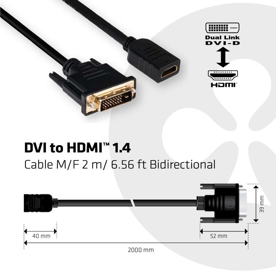 CLUB3D Club 3D – DVI-D auf HDMI Adapter, HDMI 1.4, 3840×2160, 2 m, bidirektional