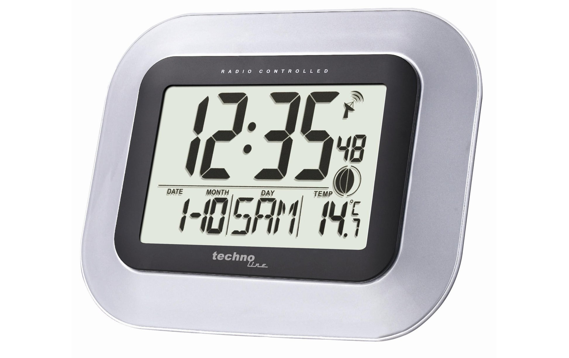 Technoline Digitale Wanduhr WS8005 – Funk – 22,6 × 18 × 3 cm, Silber, Kunststoff, Thermometer, Kalender