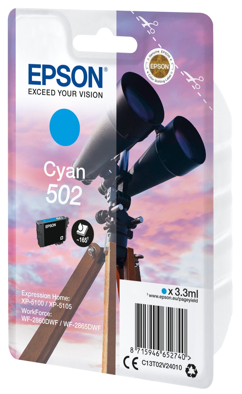 Epson 502 Cyan Tintenpatrone (Original) – 165 Seiten – für 502 – C13T02V24020