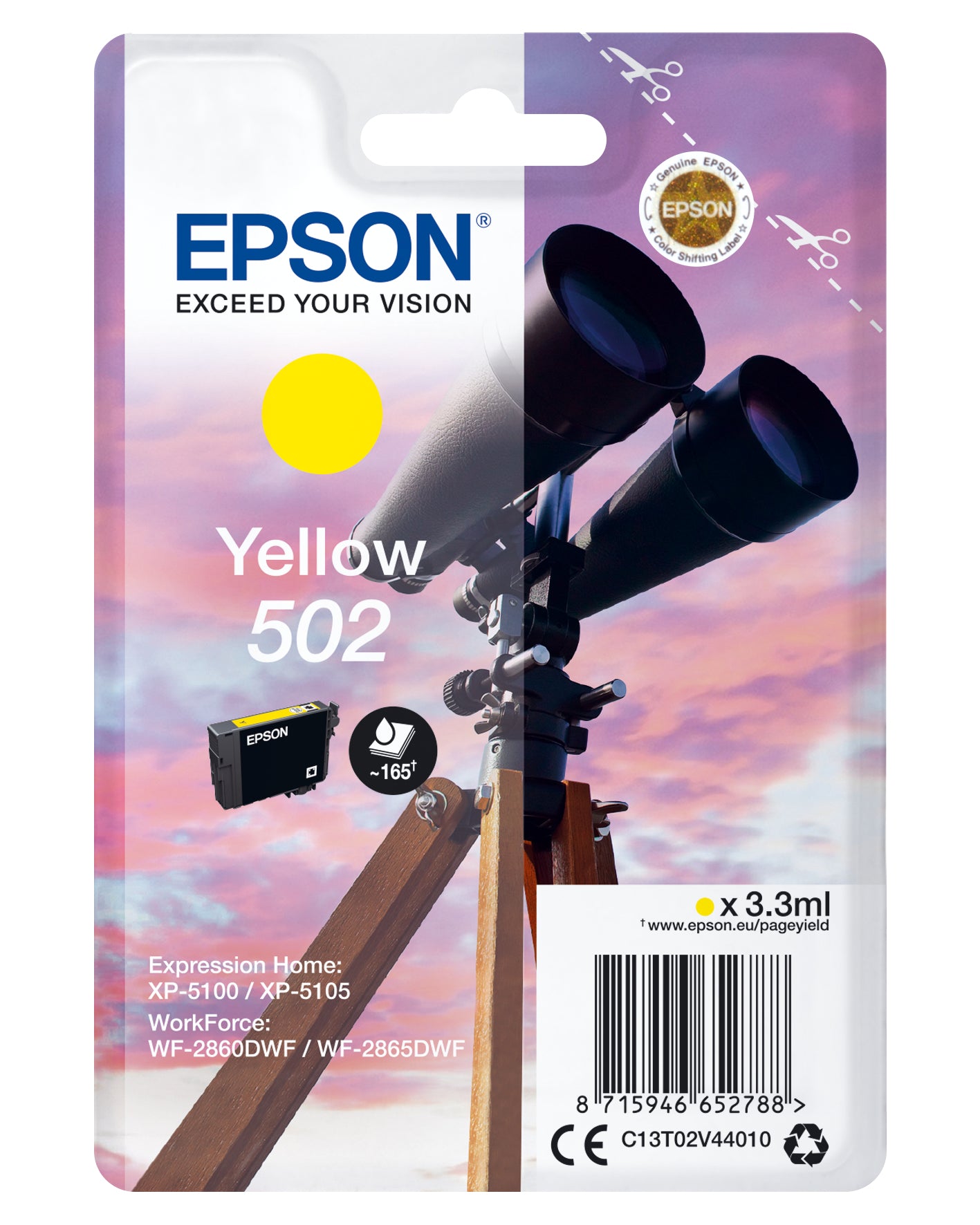 Epson 502 Gelbe Tintenpatrone (Original) – 165 Seiten – für Epson 502 – C13T02V44020