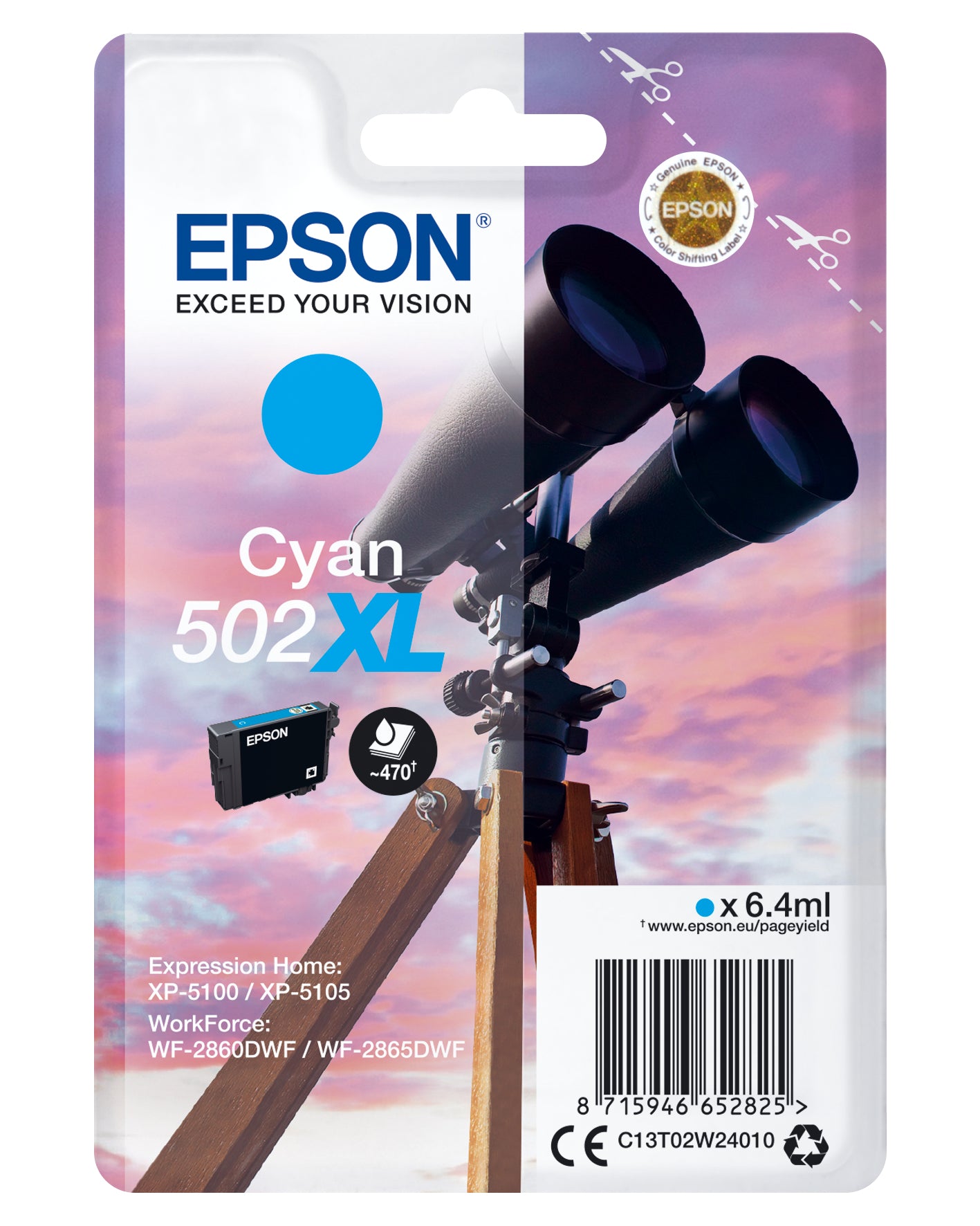 Epson 502XL Cyan Tintenpatrone (Original) – 470 Seiten – für Epson 502XL – C13T02W24020