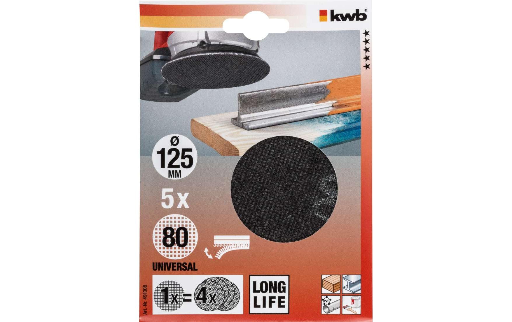 kwb Schleifscheibe 125 mm P80 – für Holz – 5 Stk – für Exzenterschleifer