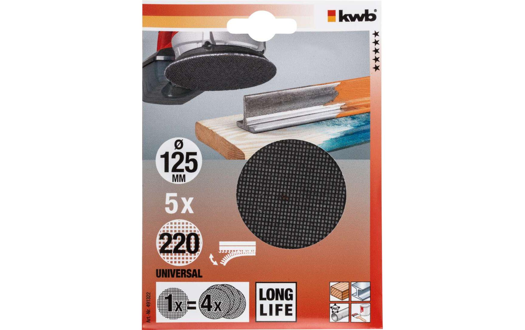 kwb Schleifscheibe 125 mm – P220 – für Holz – 5 Stk – für Exzenterschleifer
