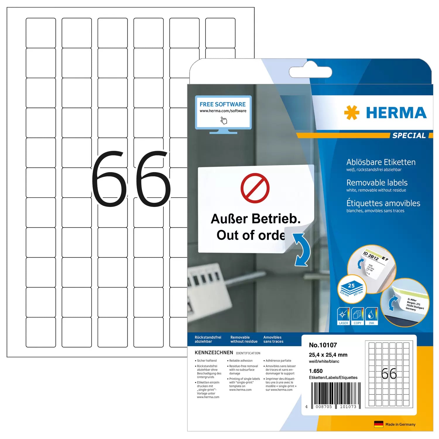 HERMA Druckeretiketten, 25 mm × 25 mm, weiss, Papier, ablösbar, 25 Blatt (1'650 Etiketten)