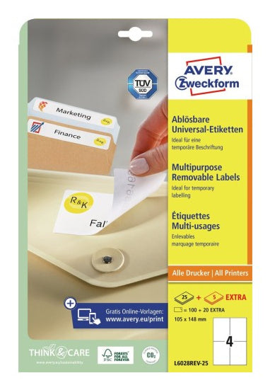 Avery Drucker-Etiketten, 105 mm × 148 mm, weiss, Papier, wiederablösbar, 30 Blatt