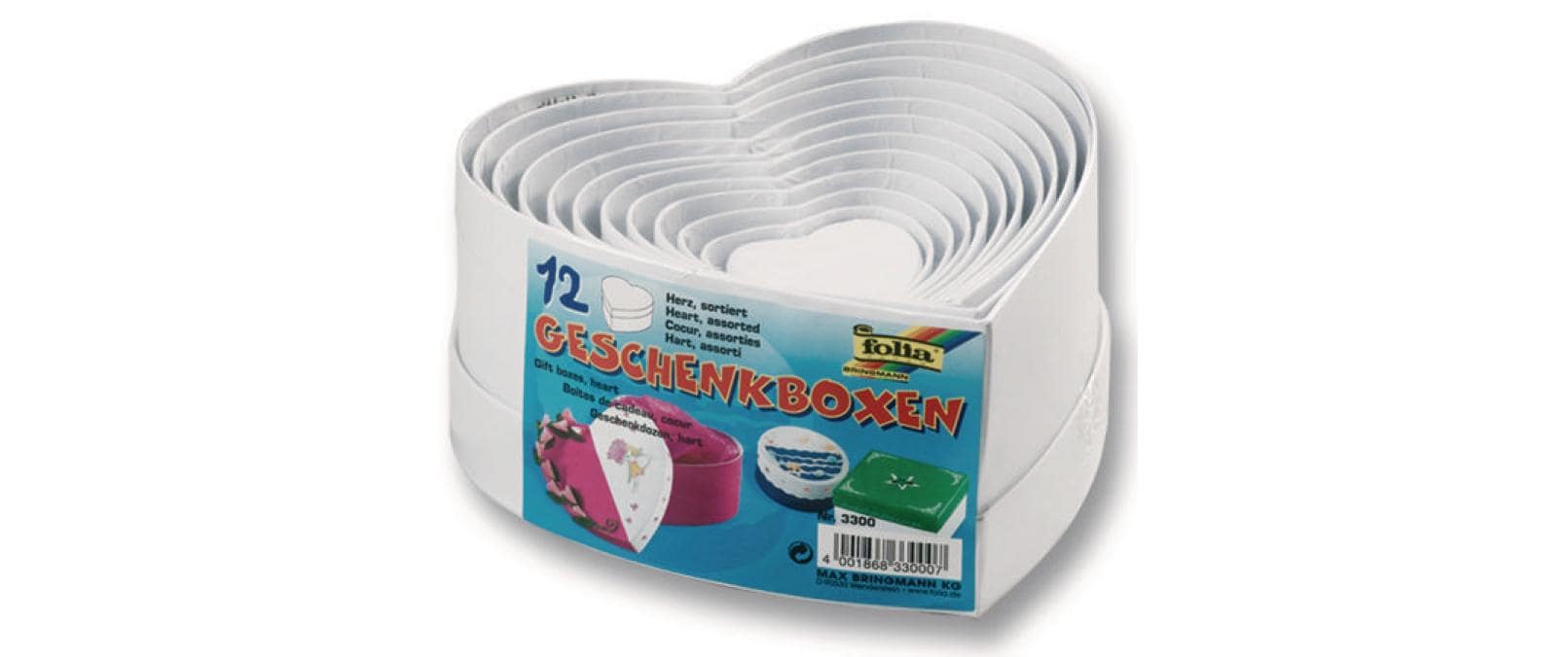 Folia Geschenkbox Herzen Karton – weiss – 135 × 155 × 75 mm – Grössen sortiert – 12 Stk.