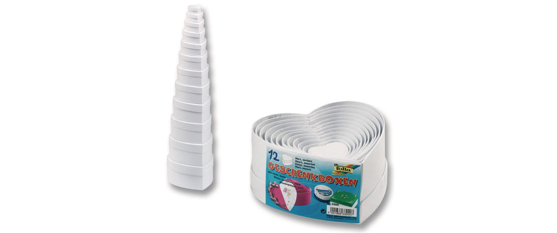 Folia Geschenkbox Herzen Karton – weiss – 135 × 155 × 75 mm – Grössen sortiert – 12 Stk.