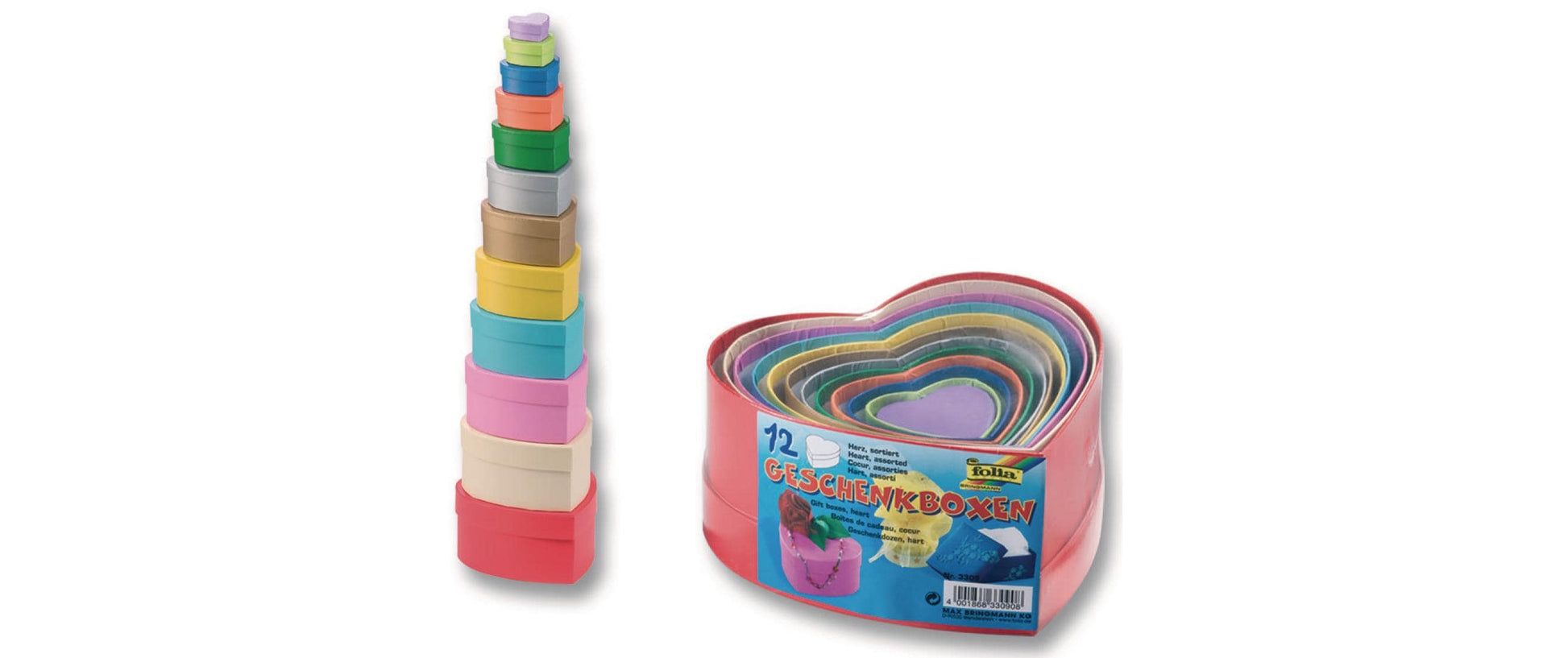 Folia Geschenkbox Herzen – Karton – grösstes: 135 × 155 × 75 mm, kleinstes: 35 × 45 × 20 mm – 12 Stk.