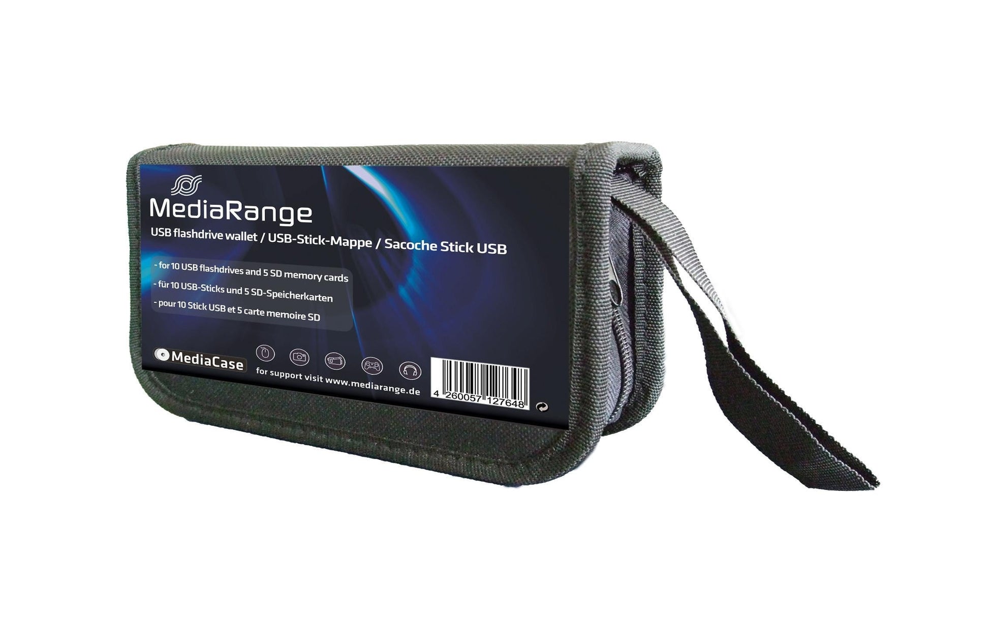 MediaRange USB-Stick-Tasche – für 10 USB-Sticks, 5 SD-Karten, Nylon, 256 × 110 × 49 mm, Schwarz