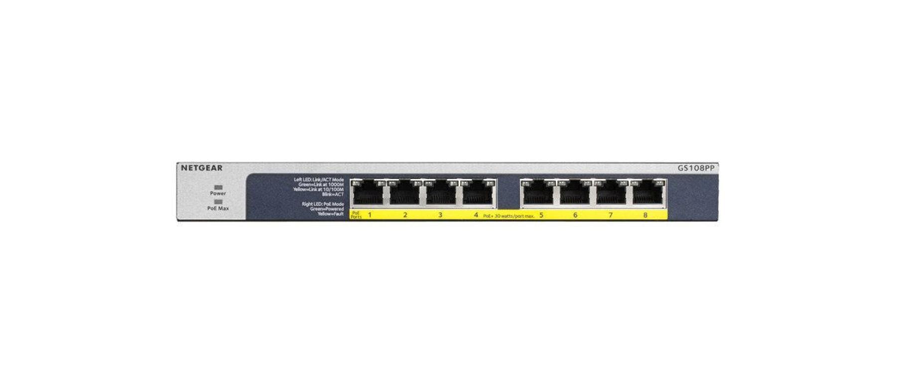 NETGEAR GS108PP – Switch – 8×GbE, PoE+ 123 W, 19" Rack
