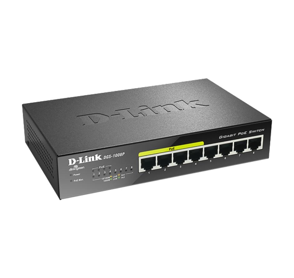 D-Link DGS-1008P – Unmanaged L2 Switch – 8× 1G, 4× PoE+, PoE Budget 60 W, Desktop