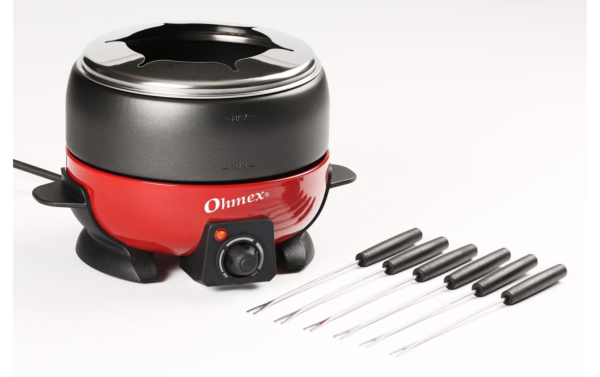 Ohmex Fondue-Set OHM-FND-1000G – Edelstahl, 2 l, 6 Personen, Netzbetrieb – schwarz/rot