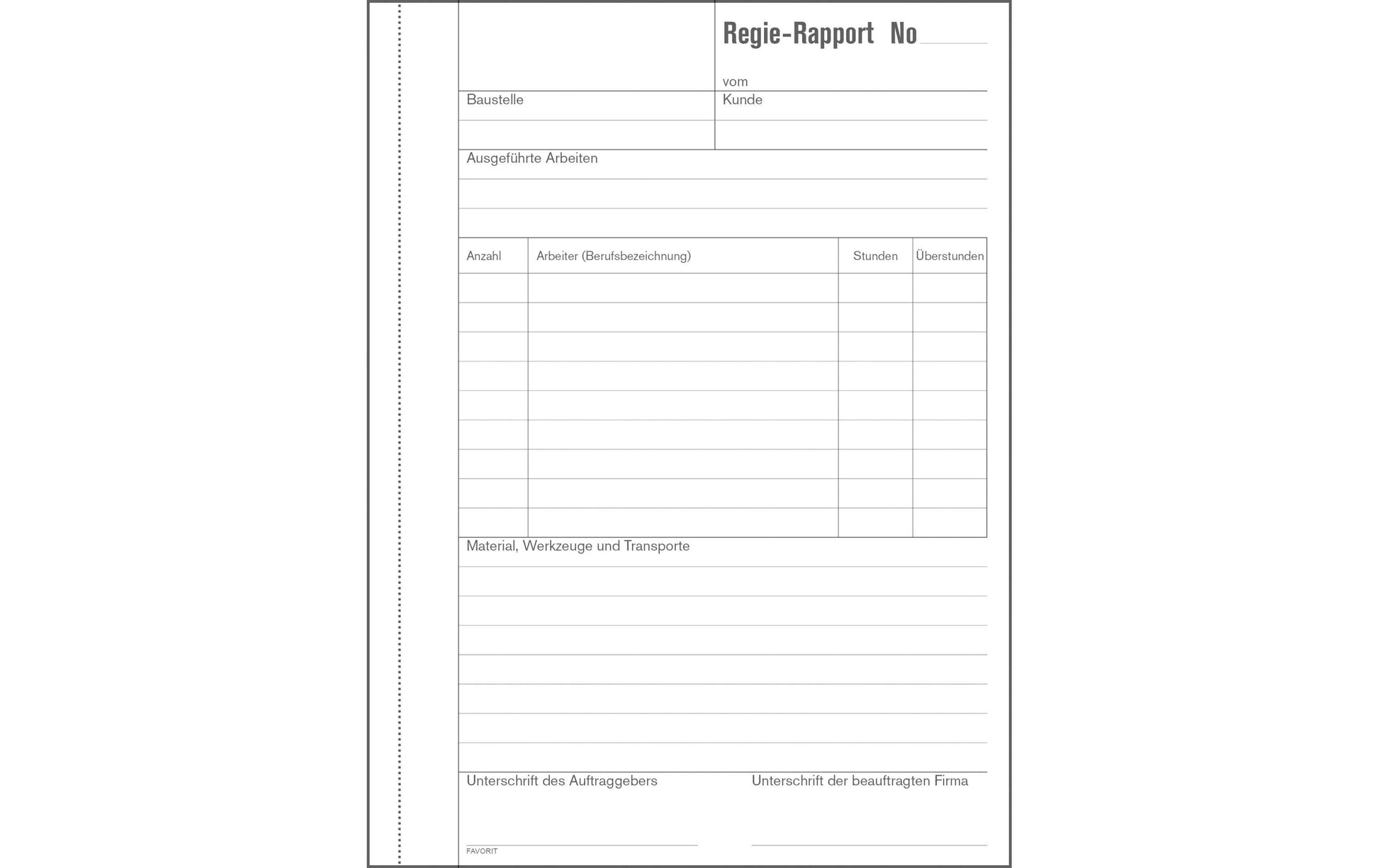 Favorit Regie-Rapporte – 156 × 210 mm – 50 Sätze, 2-fach, mit Überstundenkolonne, Deutsch