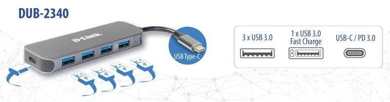 D-Link DUB-2340 USB-Hub – USB-C, 4× USB-A, 1× USB-C, 60 W PD, für Windows/Mac/ChromeOS