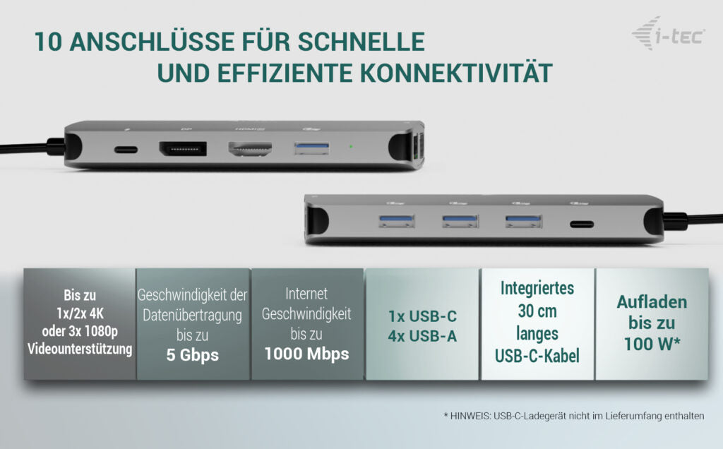 i-tec Metal Nano Dockingstation – USB-C, DP/HDMI/VGA, 100 W PD, GbE, für Windows/Mac/ChromeOS