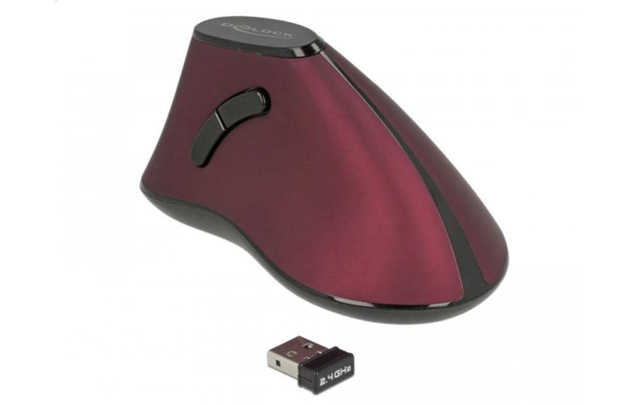 DeLOCK 12528 Ergonomische Maus – kabellos, 2,4 GHz (USB-A), 5 Tasten, für Rechtshänder, Daumentaste, weinrot