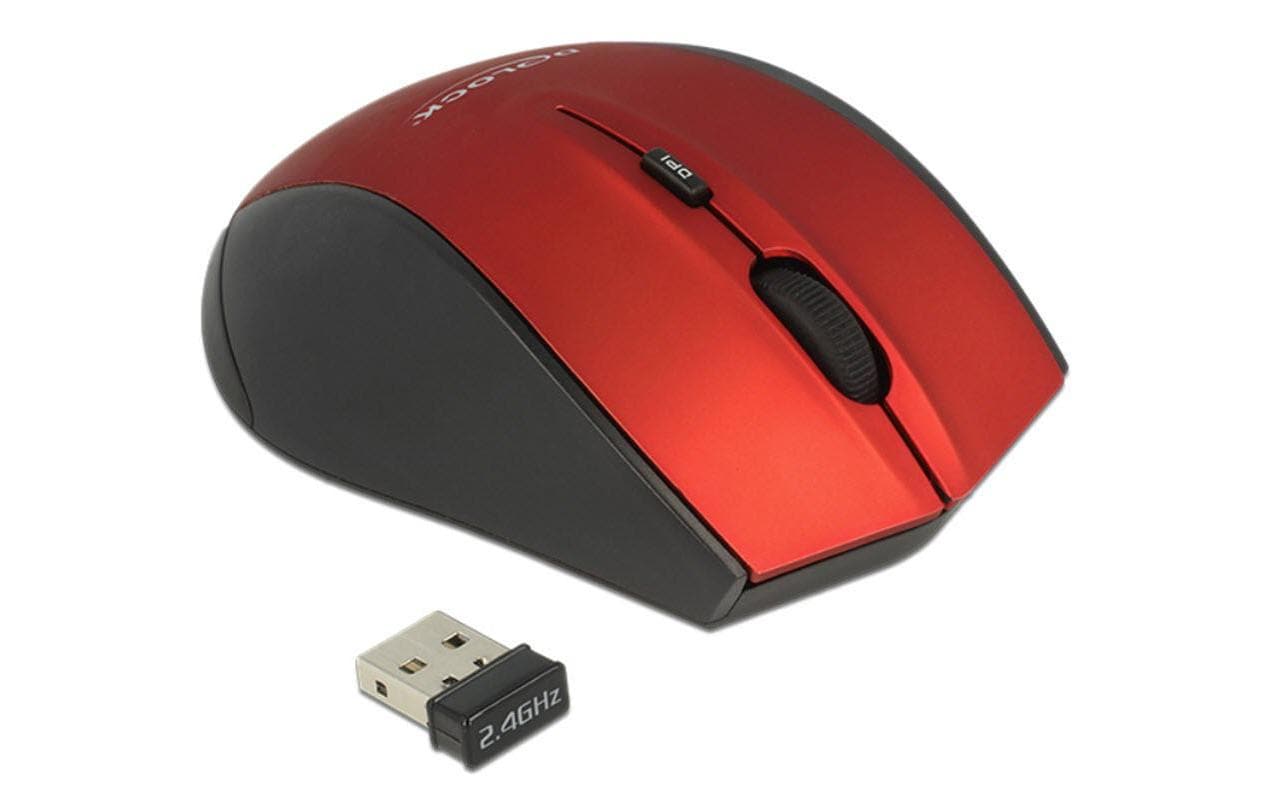 DeLOCK 12493 Maus – kabellos, 2,4 GHz, USB-A, 5 Tasten, für Rechtshänder, umschaltbare DPI, Rot