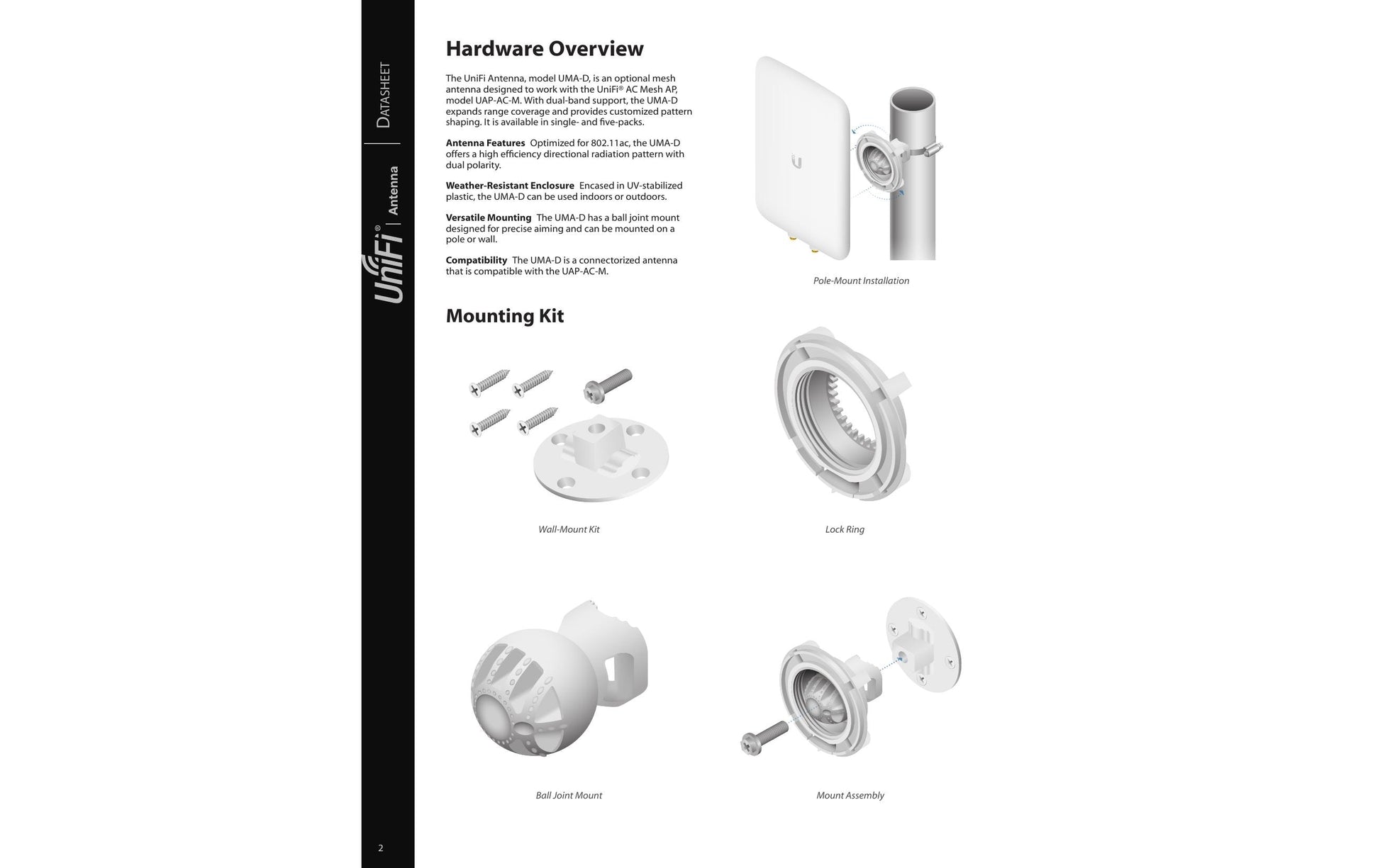 Ubiquiti UMA-D – Richtantenne, 2,4–2,5 GHz, 5,1–5,9 GHz, 10 dBi (2,4 GHz), 15 dBi (5 GHz), RP-SMA, für UAP-AC