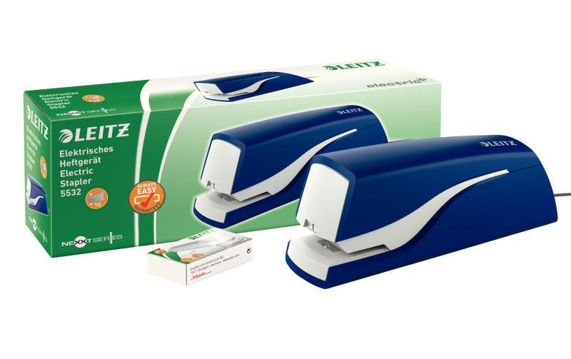Leitz NeXXt 5532 – Elektrischer Hefter, geschlossene Heftung, Springfachmechanik, Einlegetiefe 10 mm, Blau