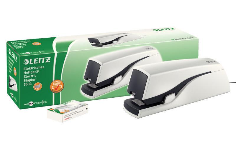 Leitz 5533 – Elektrischer Hefter, 20 Blatt, Flat-Clinch, verstellbarer Papieranschlag, Einlegetiefe 20 mm