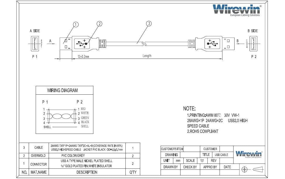 Wirewin USB-A auf USB-A Kabel – USB 2.0 (480 Mbit/s) – 5 m – Magnetisch abgeschirmt – Grau