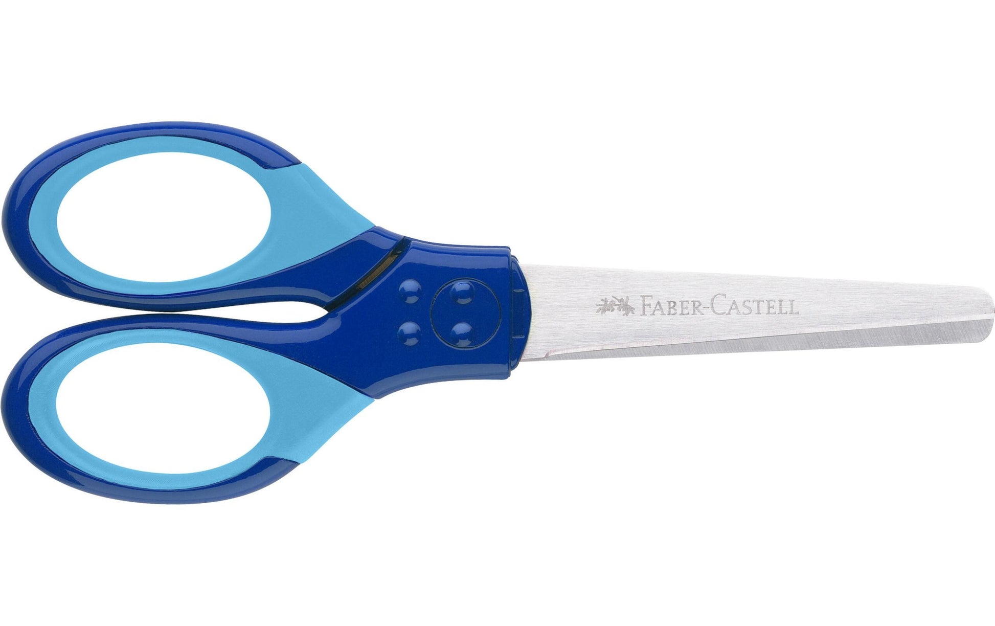 Faber-Castell Grip Kinderschere, abgerundet, für Rechts- und Linkshänder – Softgrip, Klingenschutz, Blau