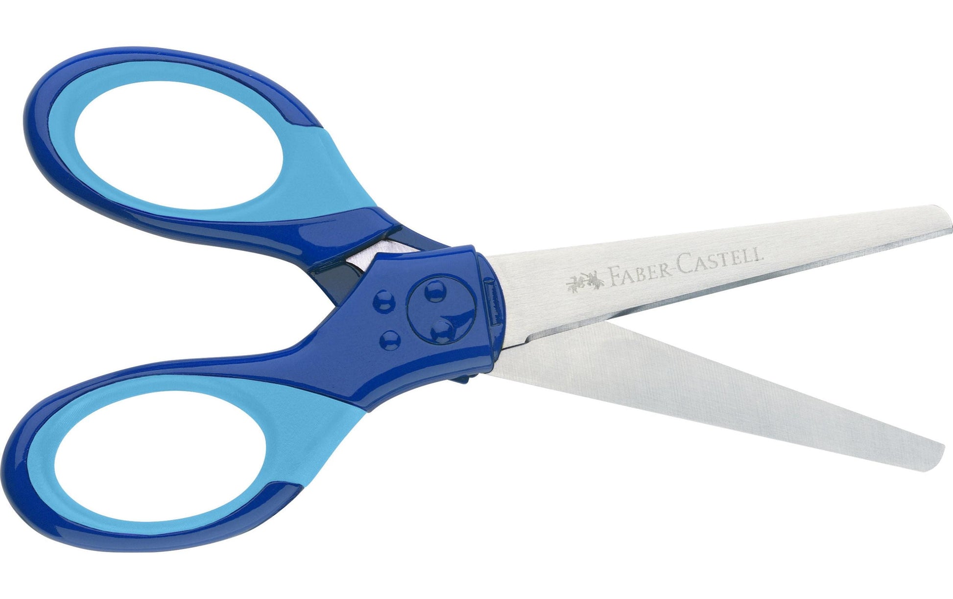 Faber-Castell Grip Kinderschere, abgerundet, für Rechts- und Linkshänder – Softgrip, Klingenschutz, Blau