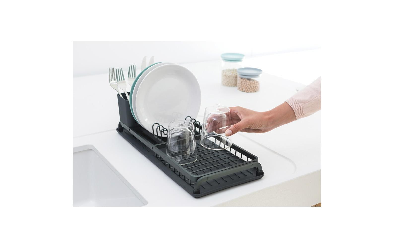 Brabantia Abtropfgestell 20 × 12,6 × 46,3 cm, Silikon/Aluminium, Dunkelgrau, mit Besteckhalter und Tropfschale