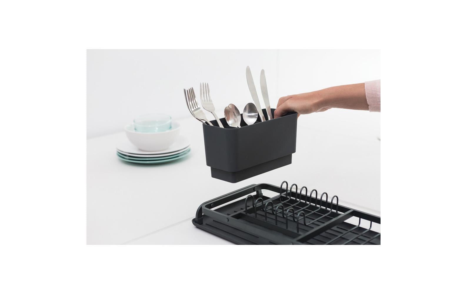 Brabantia Abtropfgestell 20 × 12,6 × 46,3 cm, Silikon/Aluminium, Dunkelgrau, mit Besteckhalter und Tropfschale