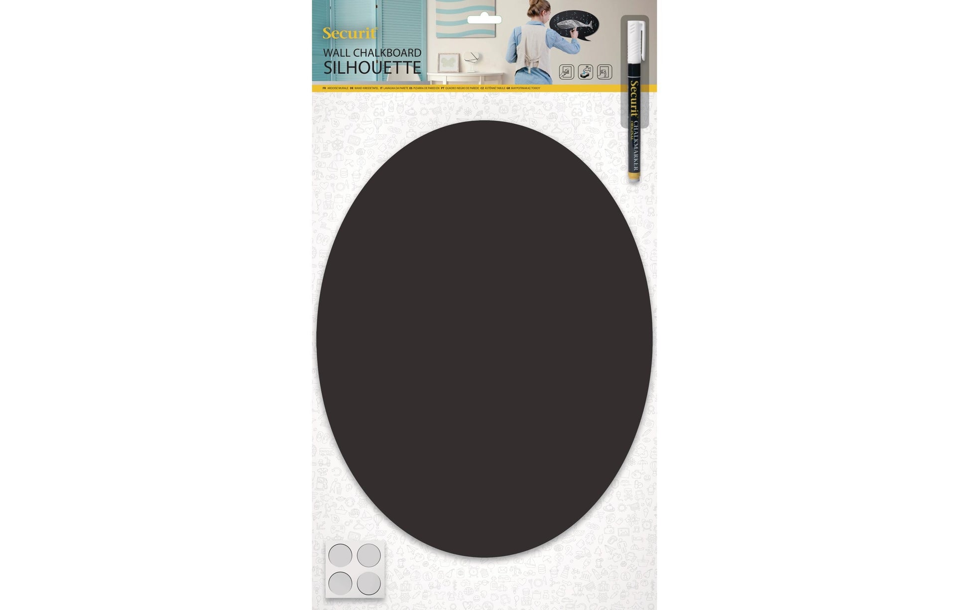 Securit Silhouette-Kreidetafel Oval – 300 × 500 mm – Melamin, schwarz – für Kreide – Wandmontage