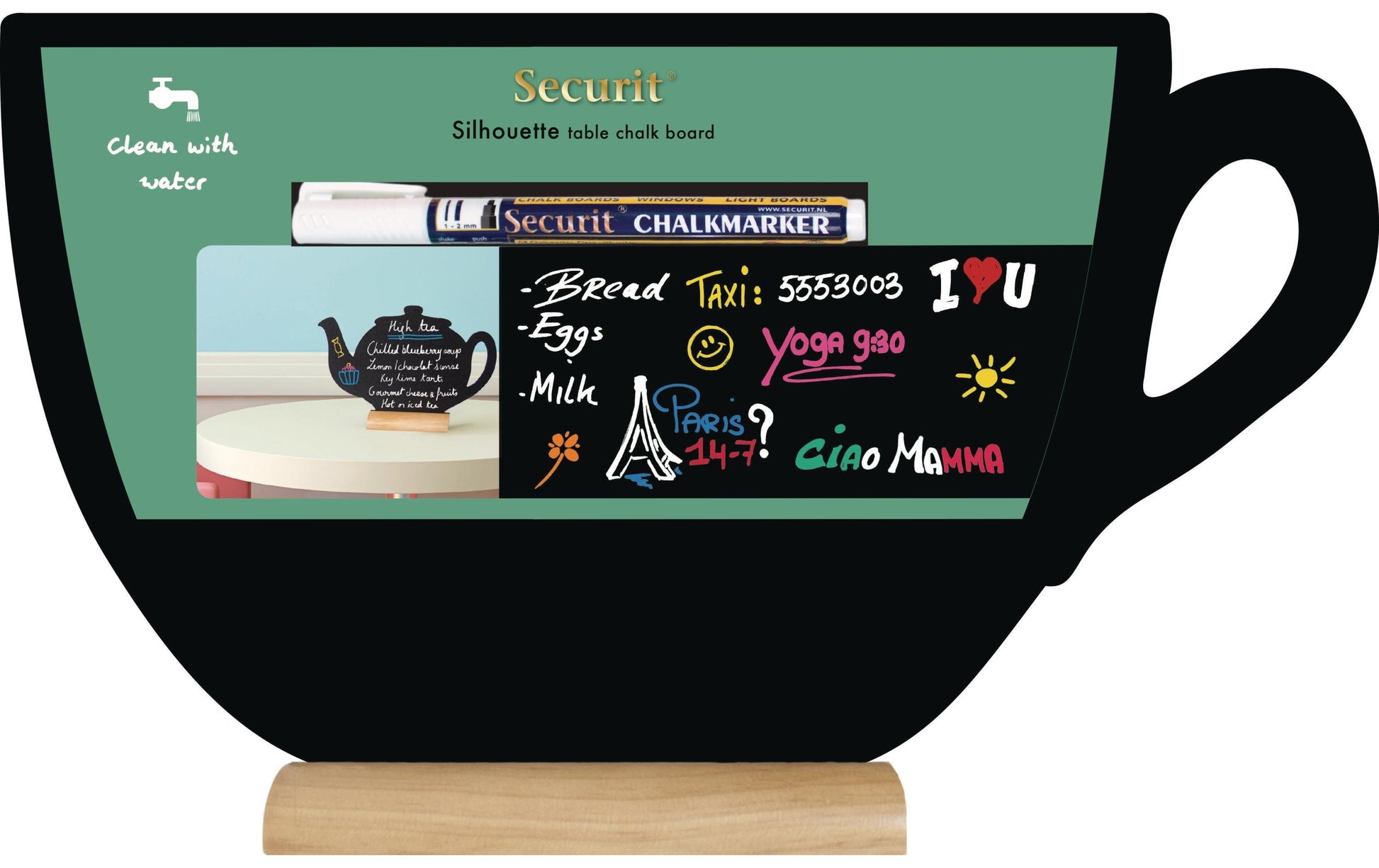 Securit Tischkreidetafel Silhouette Tasse – 330 × 220 mm – Holzfuss, Schwarz – für Kreidemarker