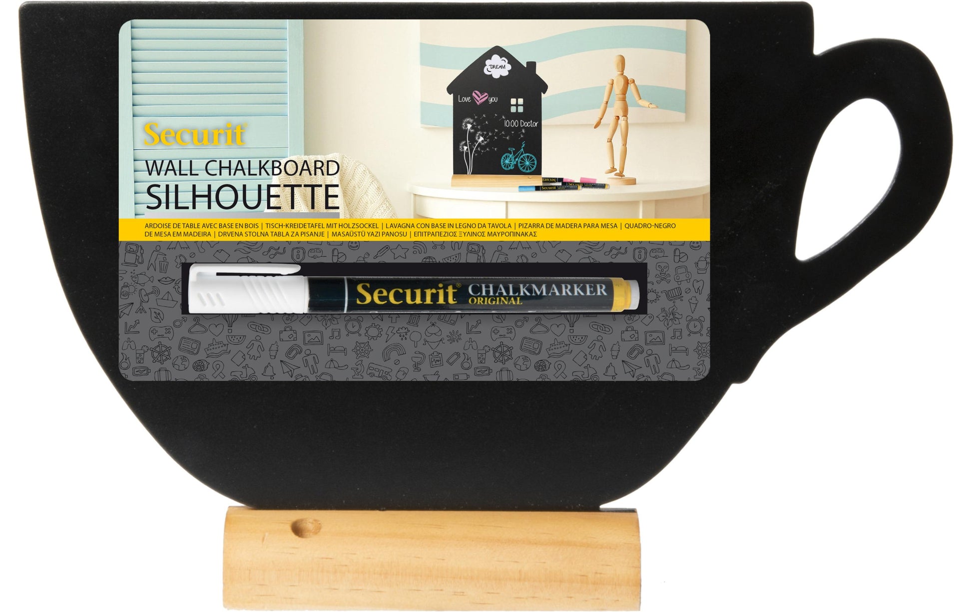Securit Tischkreidetafel Silhouette Tasse – 330 × 220 mm – Holzfuss, Schwarz – für Kreidemarker