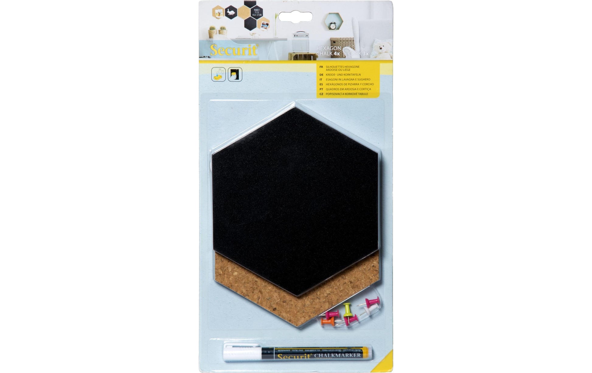 Securit Minikreidetafel/Schilder FB-CB-HEX – 155 × 179 mm – Kork, Metall, schwarz/braun – beidseitig – 7 Stk.