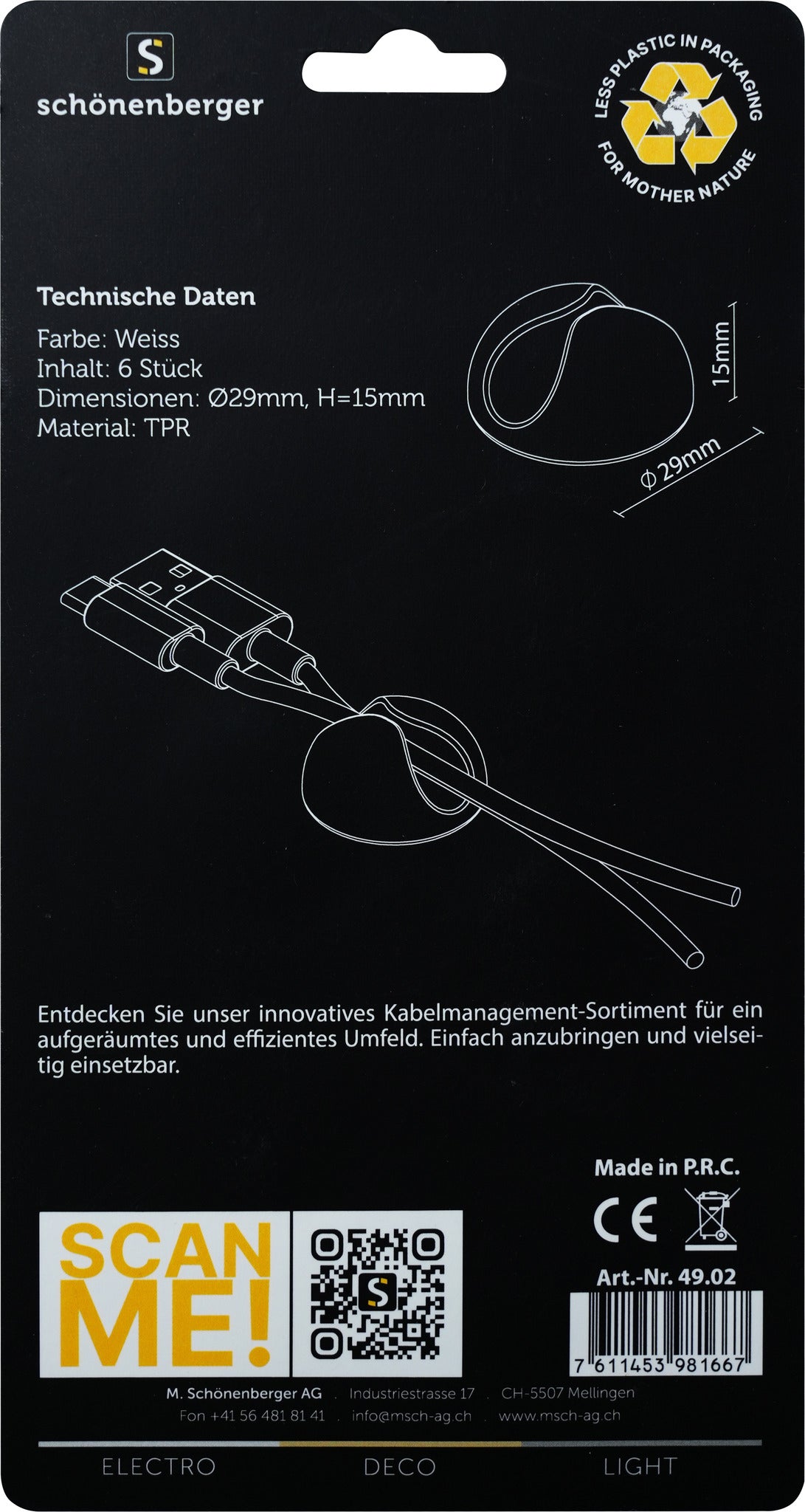 M. Schönenberger Kabelhalter, Kunststoff, 29×29×15 mm, 6er-Pack – weiss