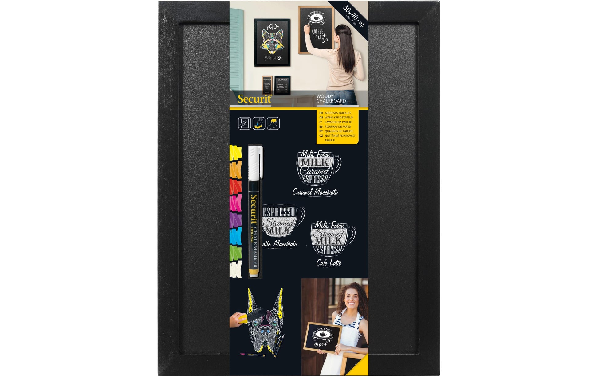 Securit Kreidetafel WOODY – 300 × 400 mm – Holzrahmen, schwarz – beidseitig, für Kreidemarker
