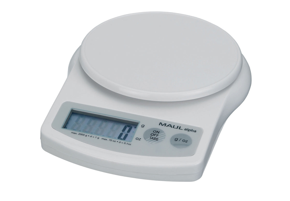 MAULalpha Briefwaage – 2 kg, 1 g, 2× AAA, weiss, Kunststoff, 188 × 137 × 36 mm